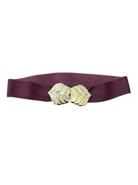 Vintage Wide Elastic Stretch Belt Burgundy Gold Leaf Clasp Adjustable Fit Retro